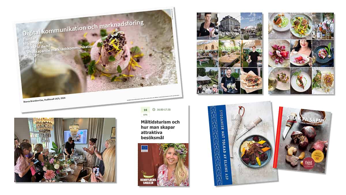 En samlingsbild över tjänster Bianca Brandon-Cox erbjuder t ex föreläsningar, kurser, content management, matfoto samt syling, och kokboksproduktion